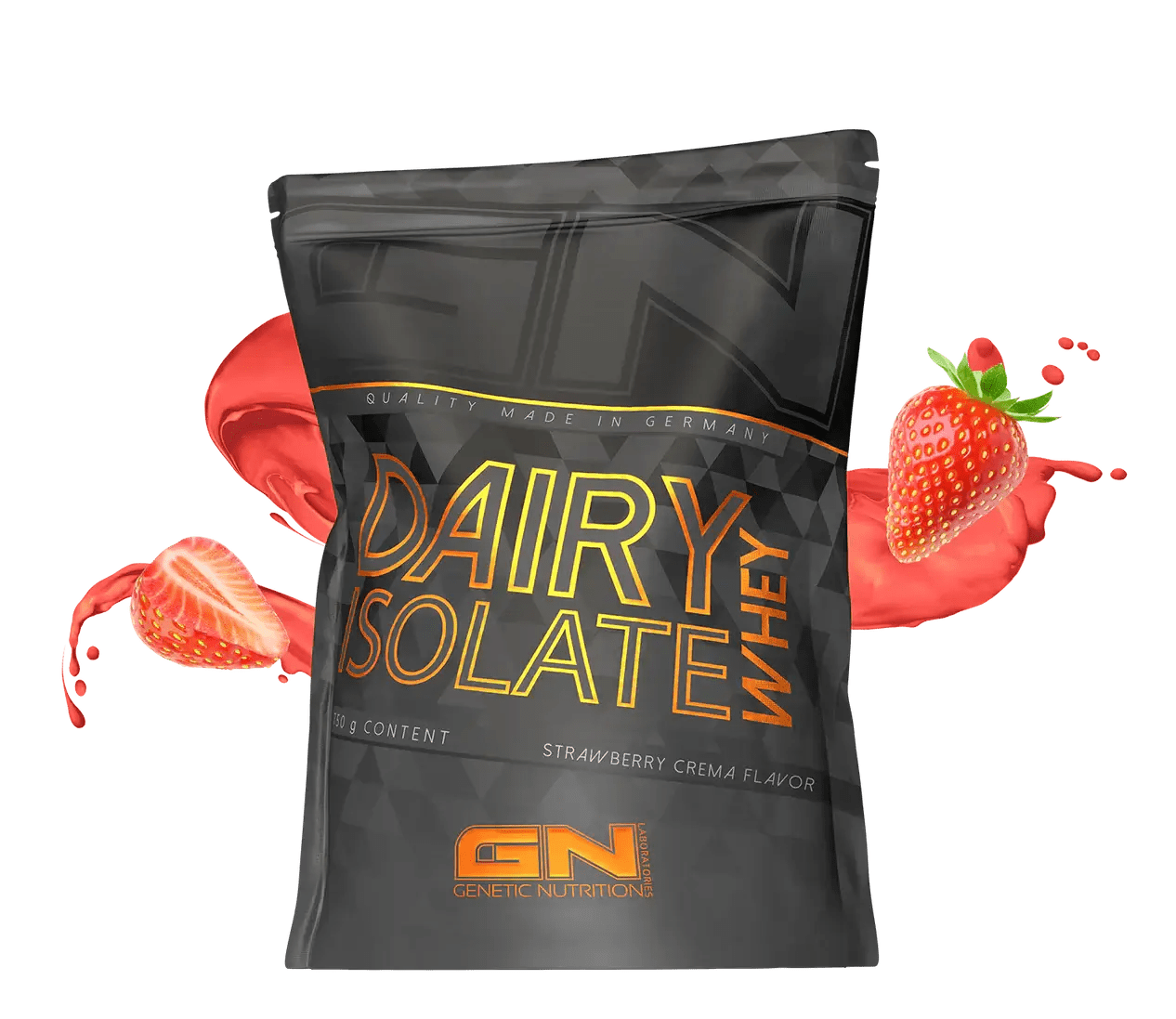 GN Laboratories 100 Dairy Whey Izoliatas product image with strawberry crema flavor, packaging design and splash effect.