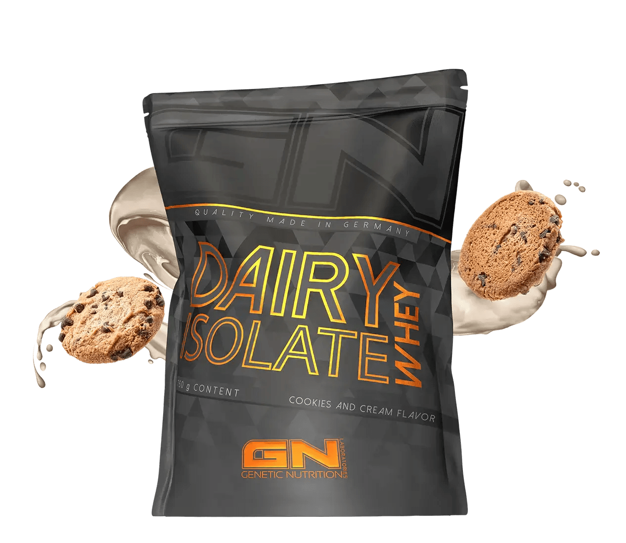 GN Laboratories 100 Dairy Whey IZOLIATAS packaging with cookies and cream flavor, showcasing high-quality whey protein isolate.