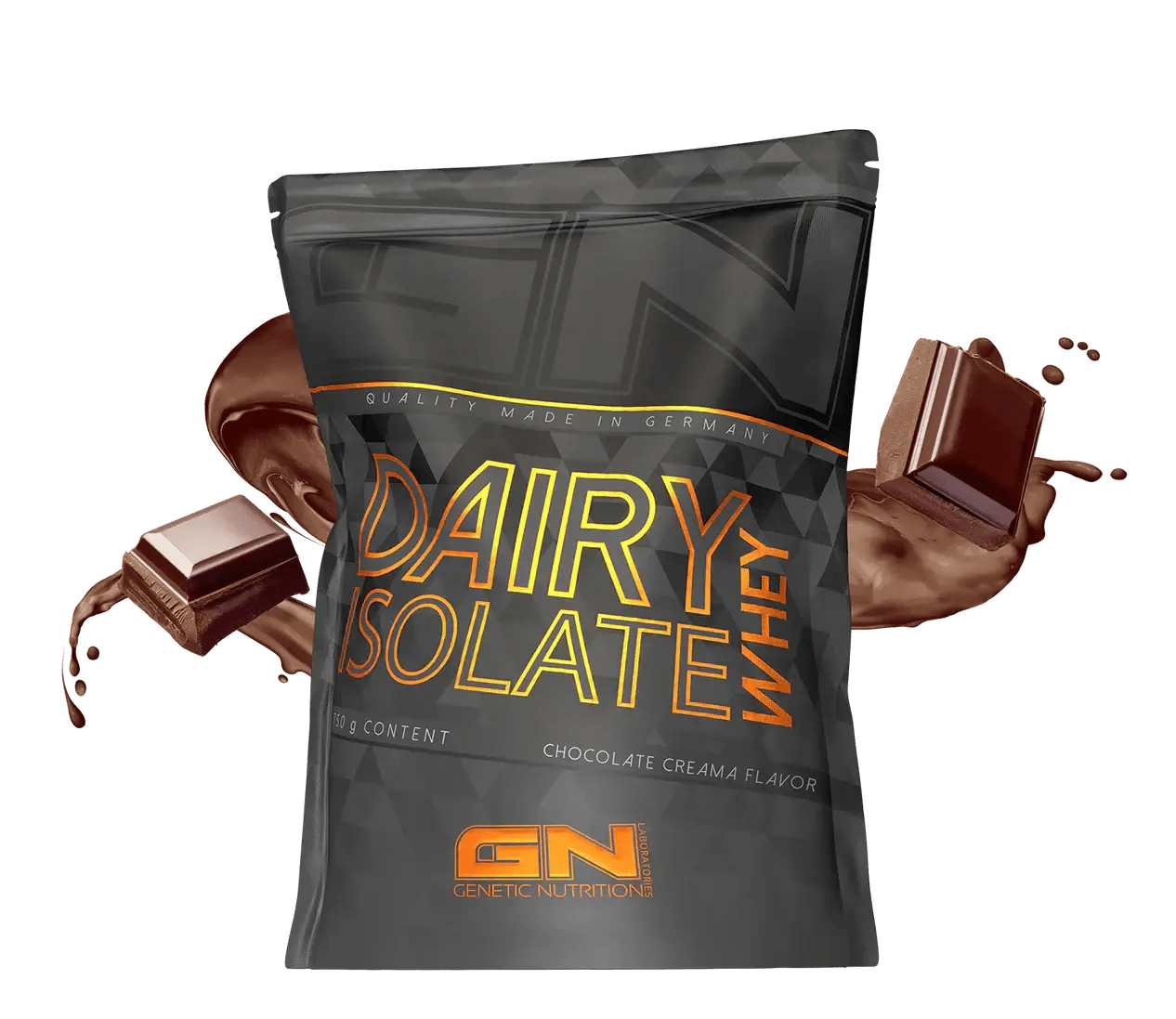 GN Laboratories 100 Dairy Whey IZOLIATAS 750g chocolate creama flavor packaging with splashes of chocolate