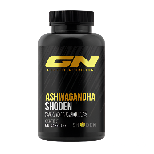 Asvaganda Shoden supplement bottle with 60 capsules and 35% withanolides from GN Laboratories.
