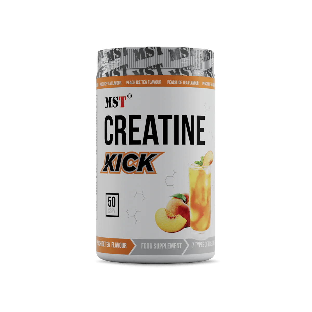 Creatine Kick 7 in 1 supplement container with peach ice tea flavor.