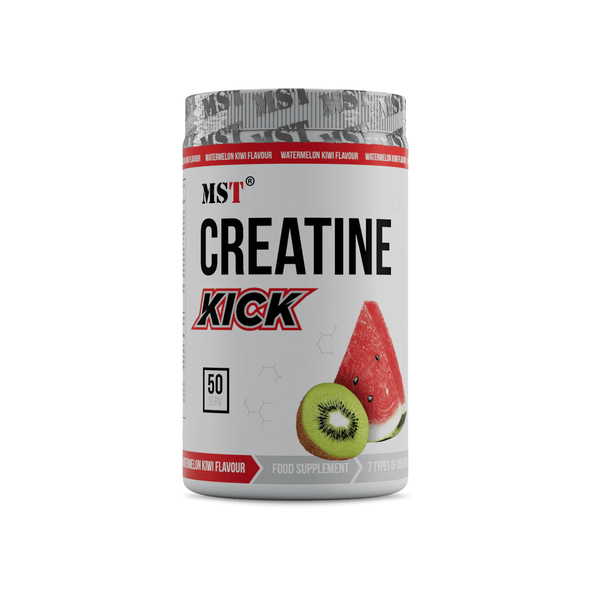Creatine Kick 7 in 1 supplement container with watermelon and kiwi flavor, 50 servings.