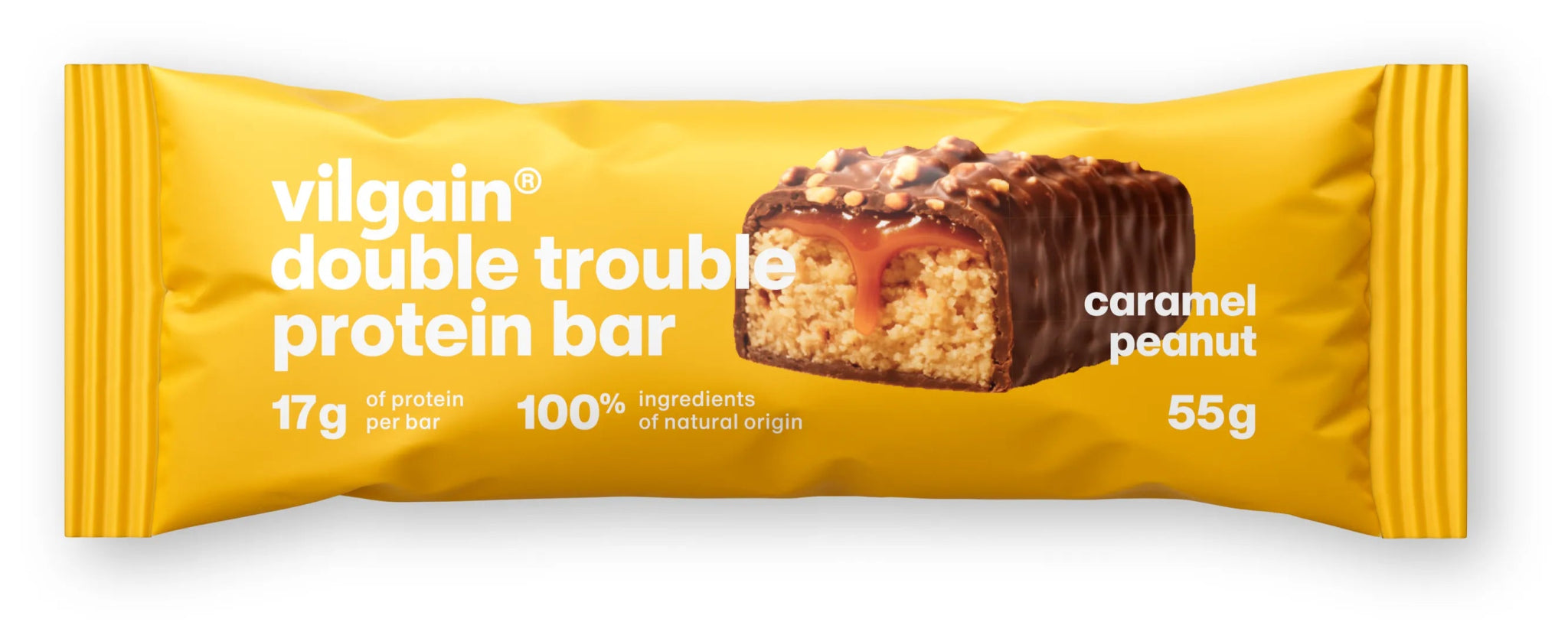 Double Trouble Bar Caramel & Peanuts – baltyminis batonėlis su karamele ir žemės riešutais (55 g) - Realsport.lt
