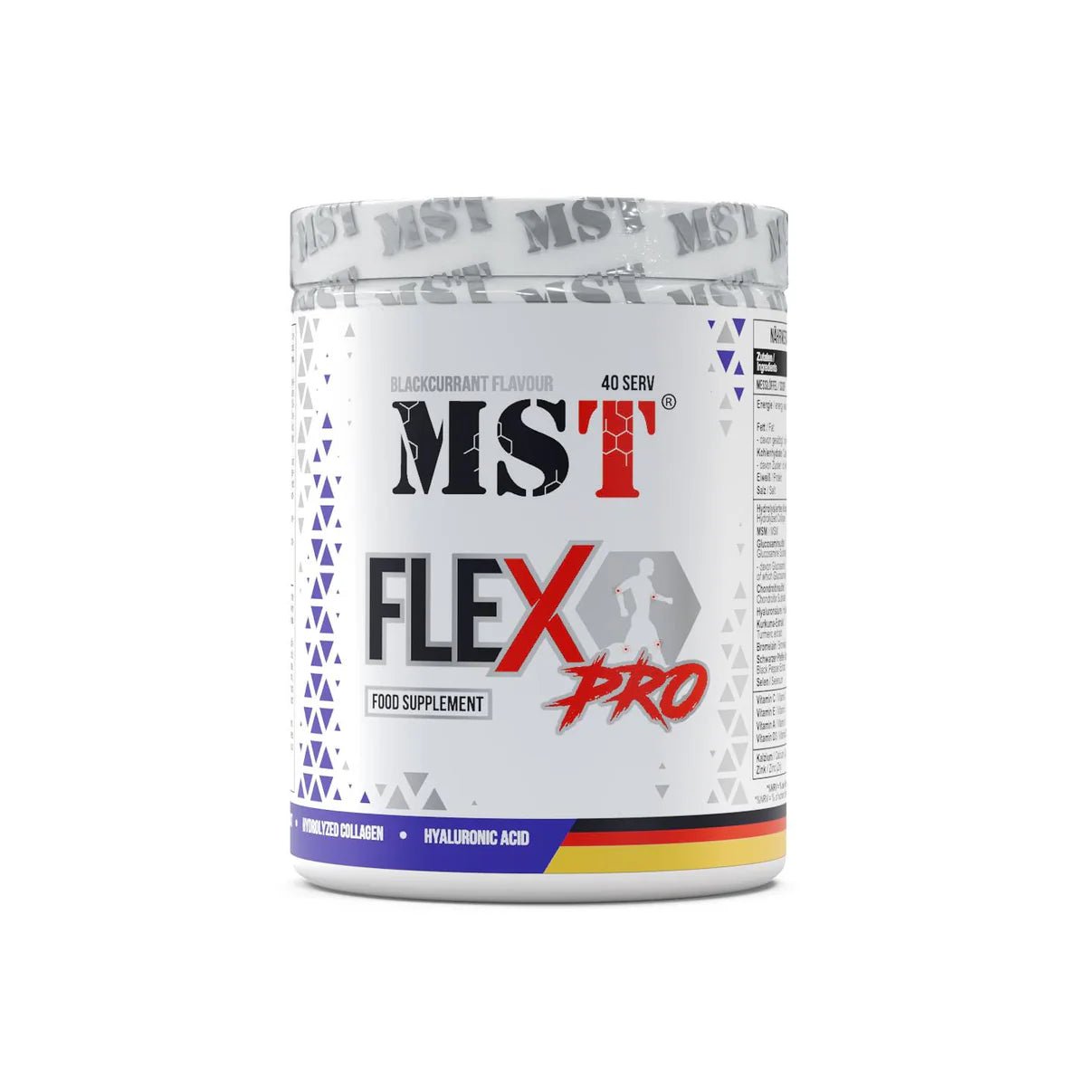 MST Flex Pro 420g food supplement for joint, cartilage, and skin support in blackcurrant flavor.