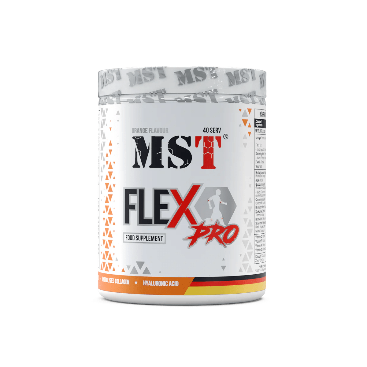 MST® FLEX PRO food supplement container for joint, cartilage, and skin support, orange flavor, 420g, 40 servings.