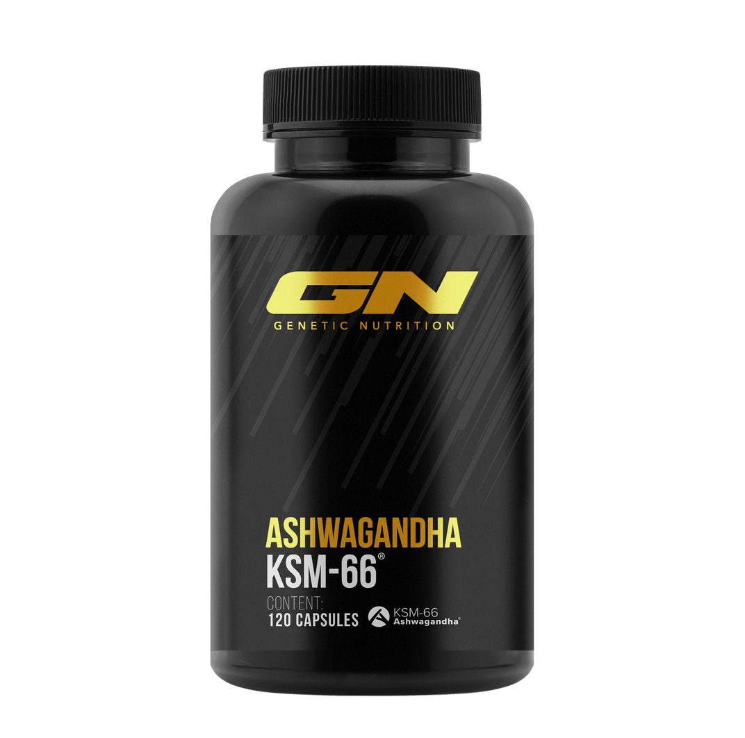 Ashwagandha KSM-66® supplement bottle containing 120 capsules for stress reduction and energy.