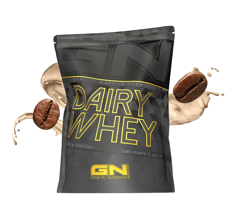 GN Dairy Whey isrugu baltymai - 1000 g, kokybiški išrūgų baltymai, kava frappe kvapo.