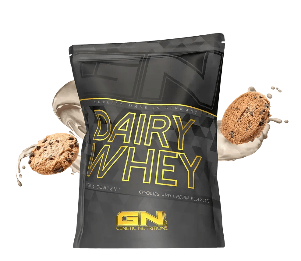 GN Dairy Whey isrugu baltymai packaging with cookies and cream flavor, ideal for muscle growth and recovery