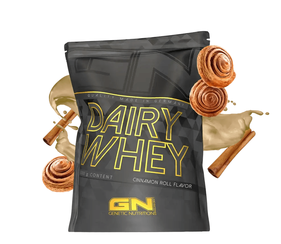 GN Dairy Whey isrugu baltymai 1000 g pack featuring cinnamon roll flavor and swirls of whey protein.
