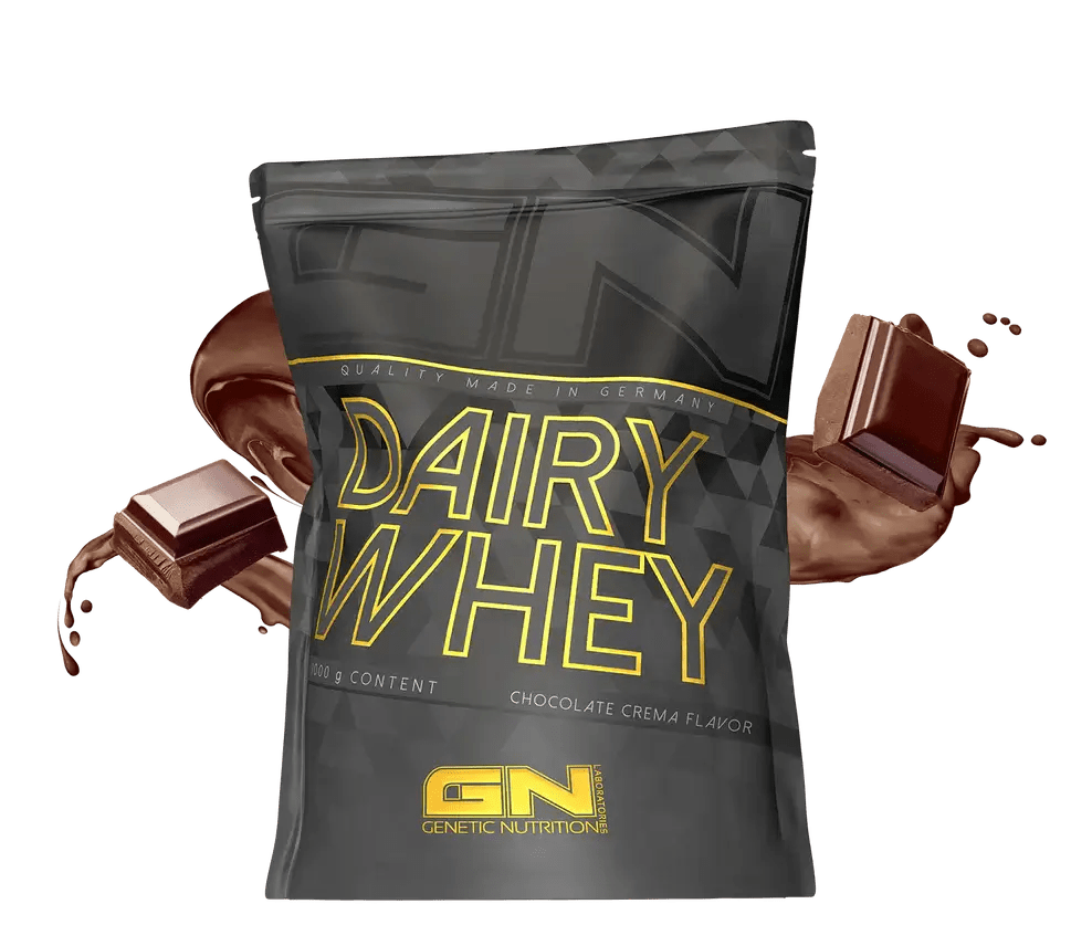 GN Dairy Whey isrugu baltymai in chocolate crea flavor package with chocolate pieces.