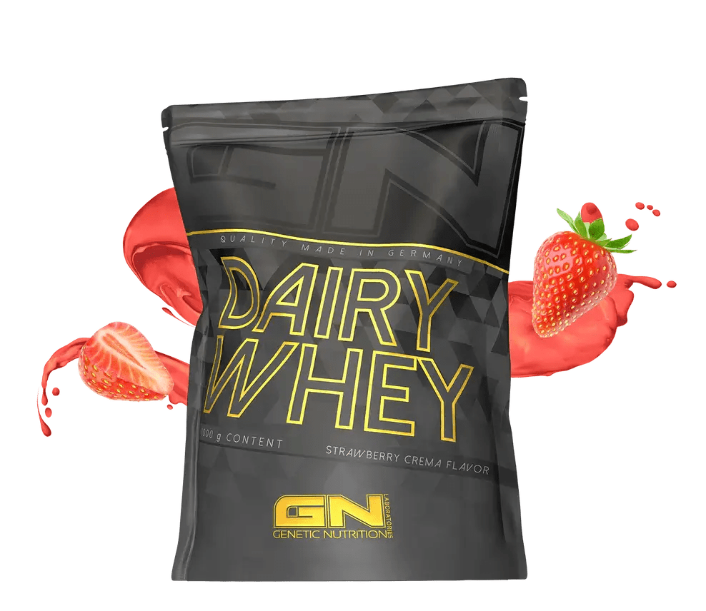 GN Dairy Whey isrugu baltymai 1000 g упаковка с клубничным вкусом и сливками