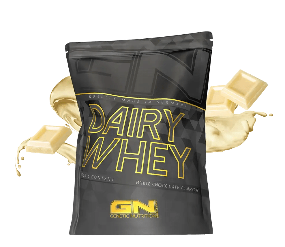 GN Dairy Whey isrugu baltymai – 1000 g of high-quality whey protein in white chocolate flavor package.
