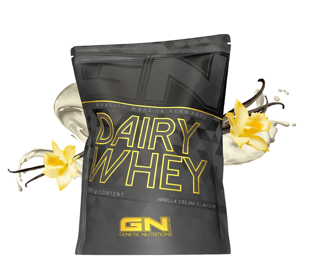GN Dairy Whey isrugu baltymai packaging with vanilla cream flavor and yellow flowers