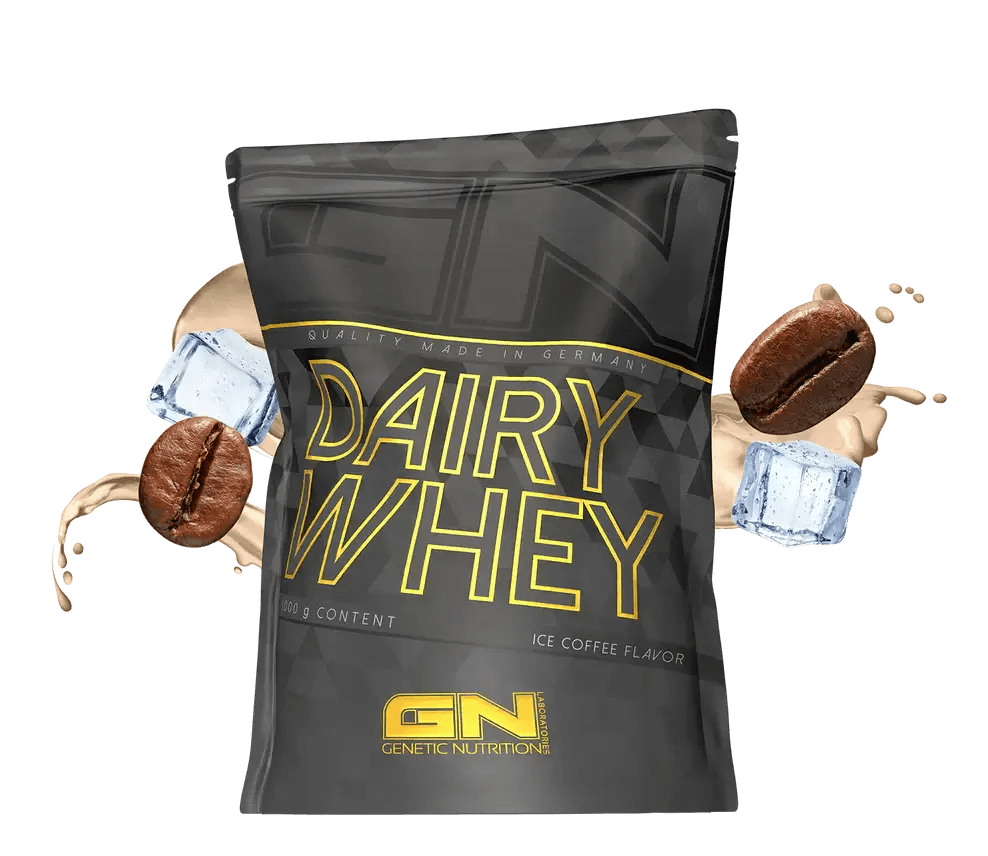 GN Dairy Whey isrugu baltymai ice coffee flavor with coffee beans and ice cubes