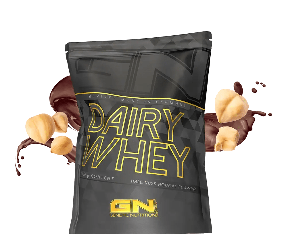 GN Dairy Whey isrugu baltymai package with hazelnut-nougat flavor and chocolate splashes.