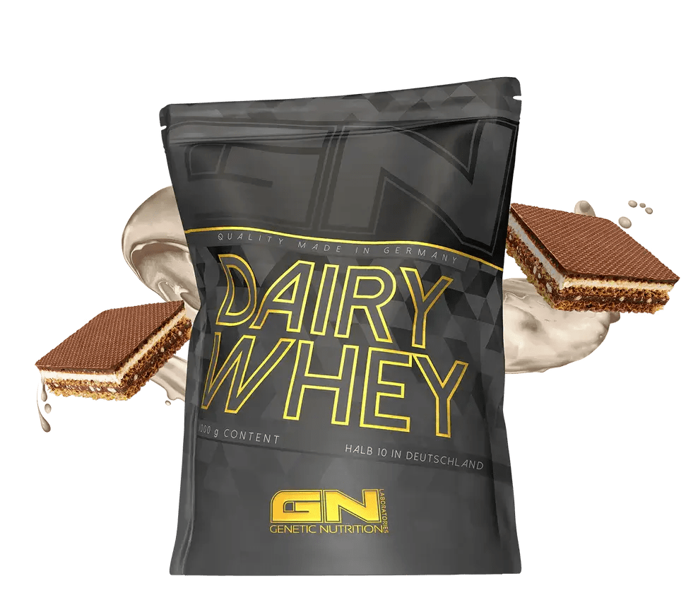 GN Dairy Whey isrugu baltymai 1000 g package with chocolate wafers isolated on white background.
