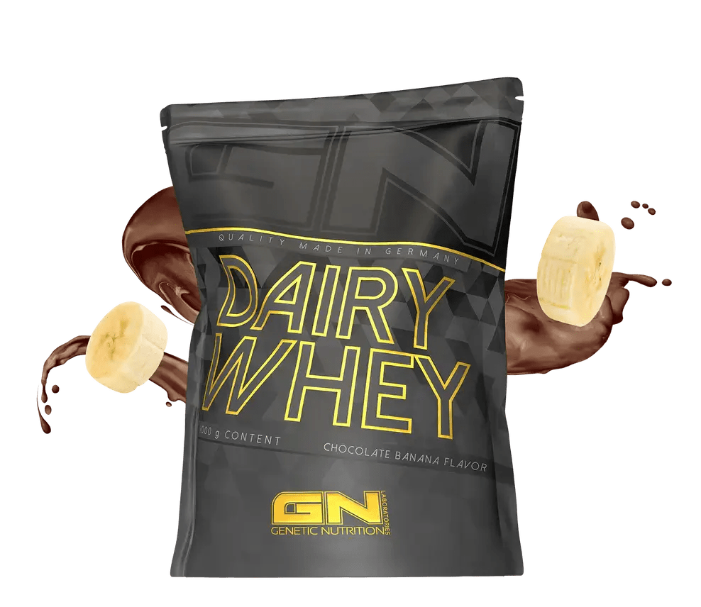 GN Dairy Whey isrugu baltymai 1000 g pakavimas, šokolado bananų skonio, su šokolado ir bananų iliustracija.