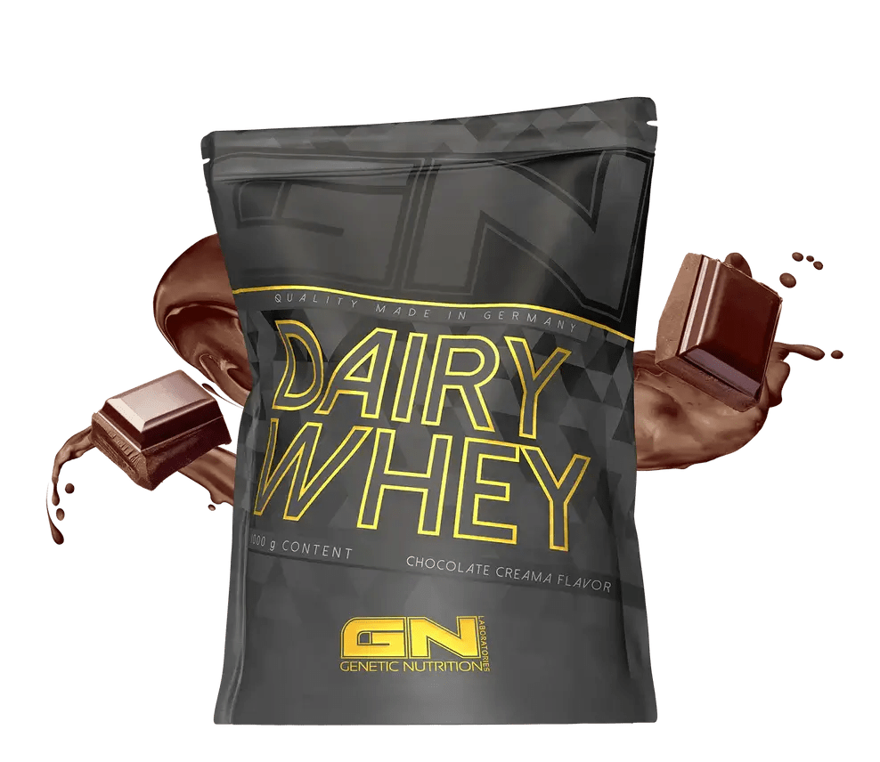 GN Dairy Whey isrugu baltymai chocolate cream flavor protein powder package with chocolate pieces