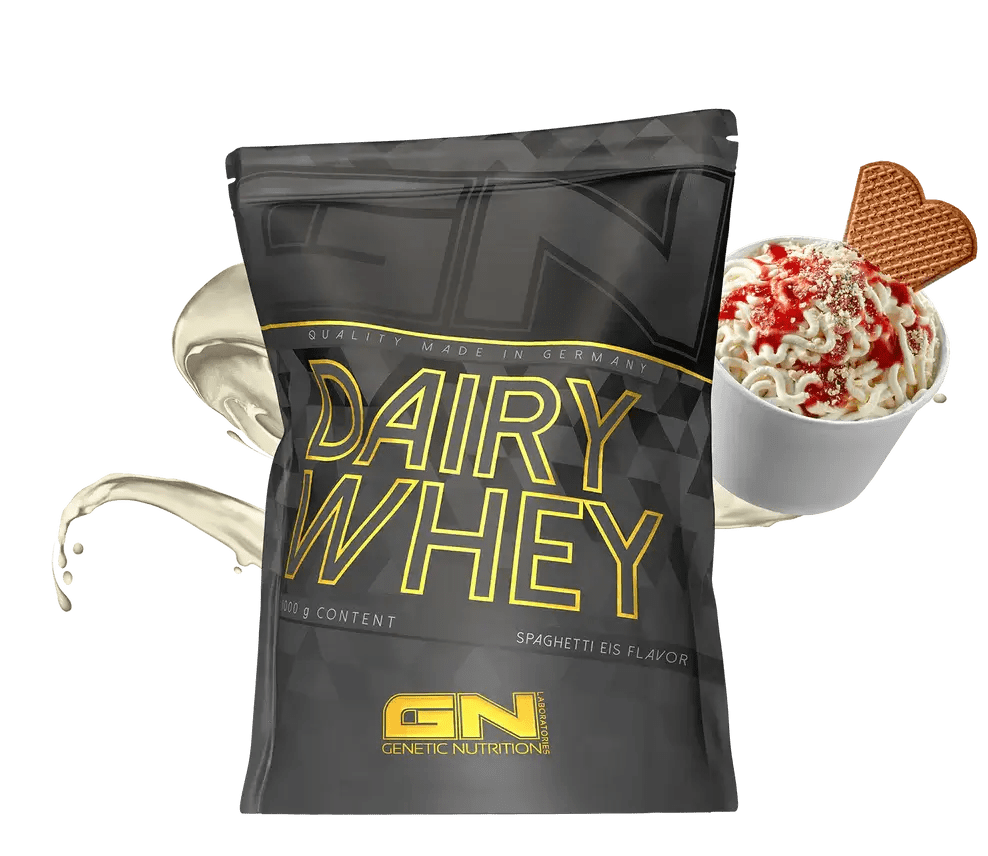 GN Dairy Whey isrugu baltymai 1000 g package with spaghetti ice cream flavor and whey protein splash.