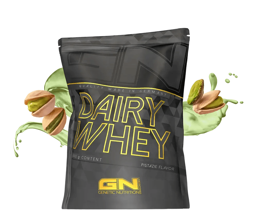 GN Dairy Whey isrugu baltymai - pistachio flavor protein powder packaging image.