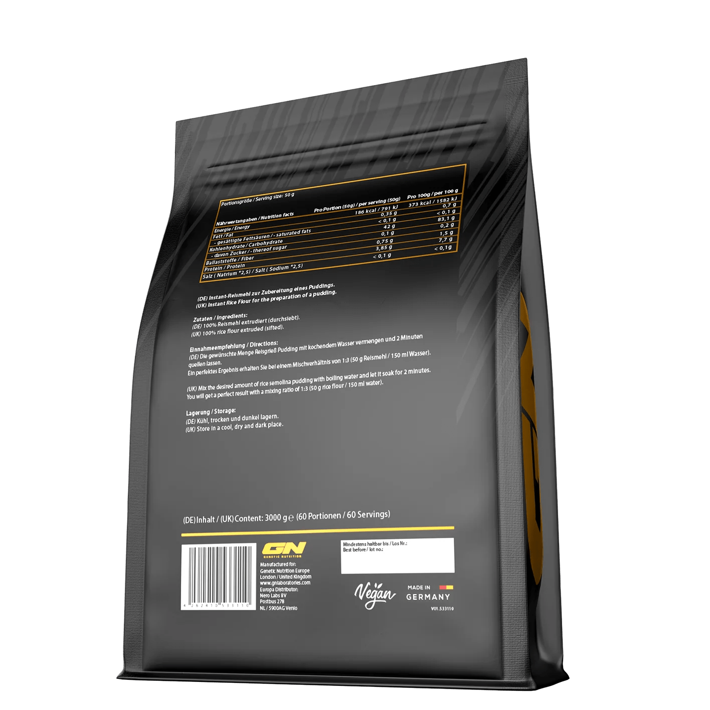 GN Laboratories Rice Pudding 3000 g packaging with nutritional information and details.