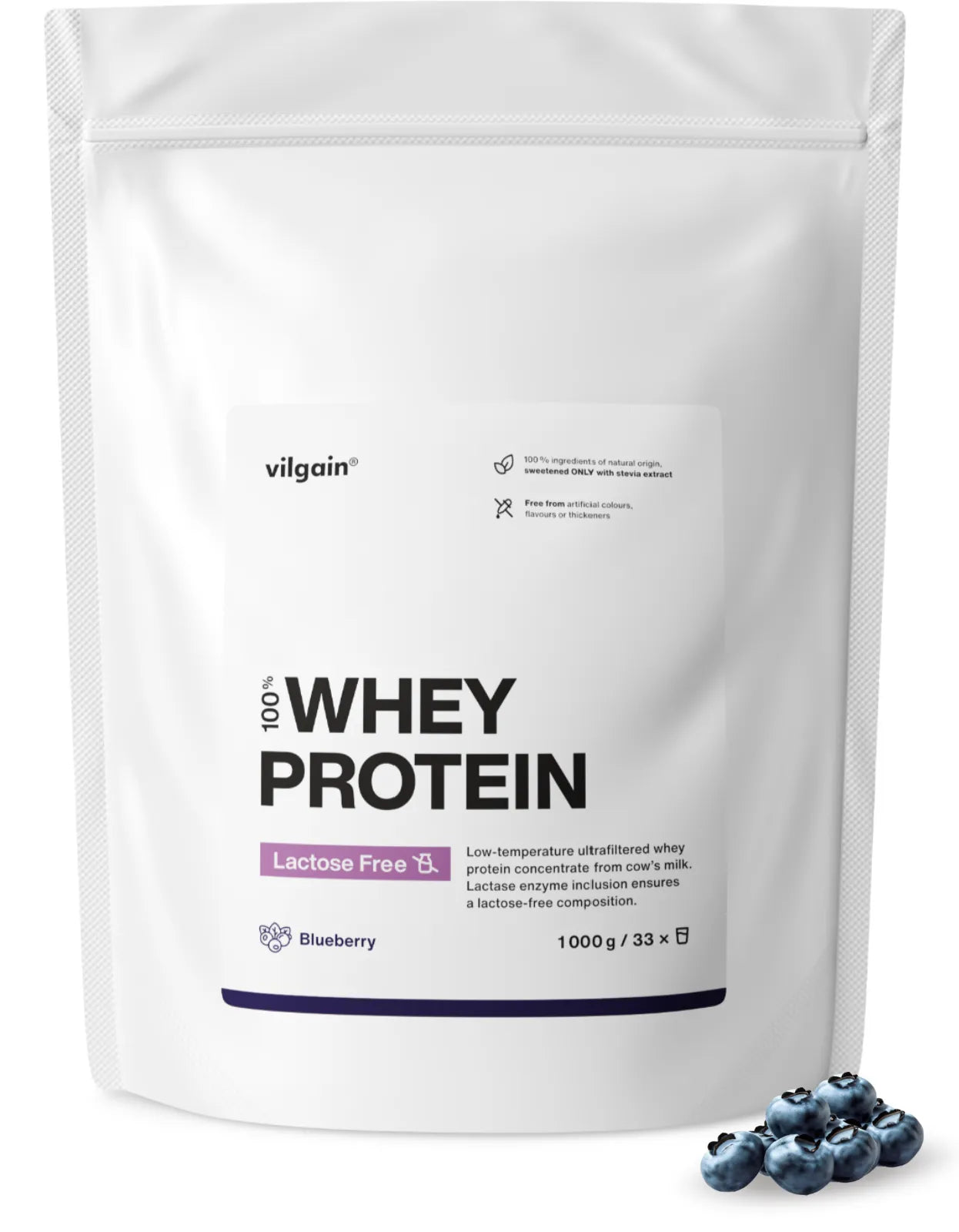 Lactose-Free Whey Protein 1000 g package with blueberry flavor and nutrition information.