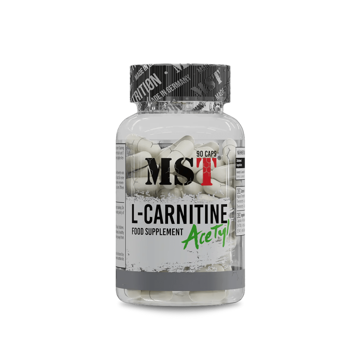MST L-Carnitine Acetyl 90 kapsulių buteliukas – riebalų apykaita ir energija, maisto papildas