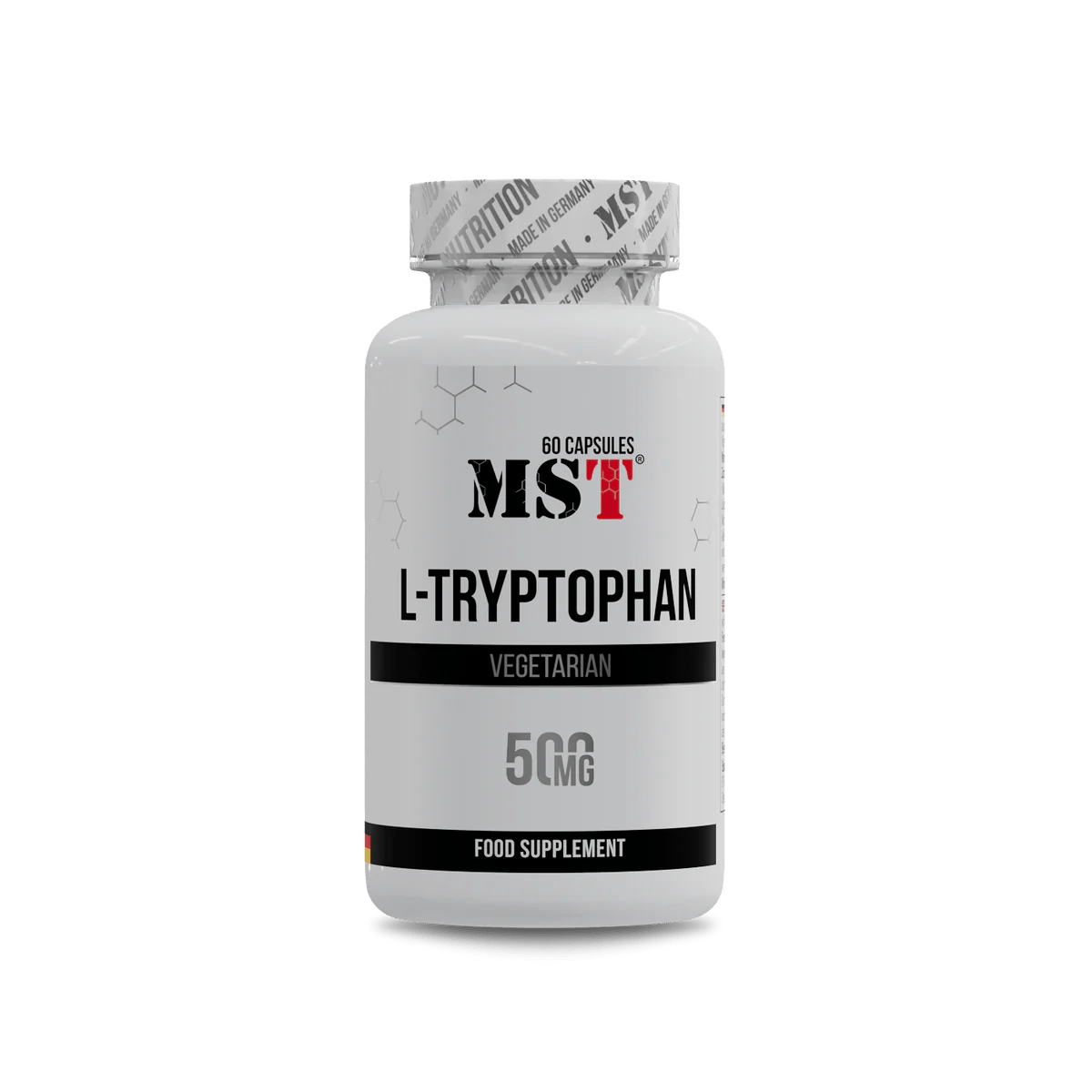 MST L-Tryptophan 500 mg – vegetarian food supplement in capsule form for emotional balance and sleep support.