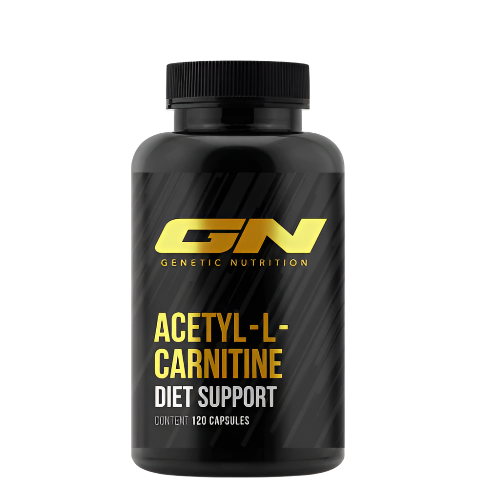 Acetyl-L-karnitinas GN Laboratories supplement bottle for diet support with 120 capsules.