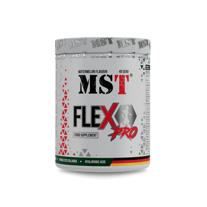 MST Flex Pro food supplement container with watermelon flavor, 40 servings, for joint and skin support.