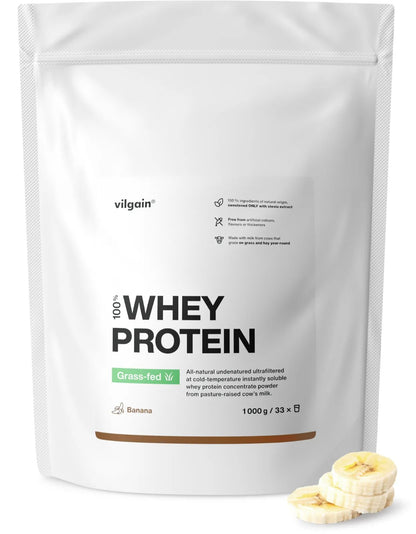 Grass-Fed Whey Protein – 1000 g packaging with banana slices beside, showcasing premium protein quality.