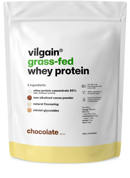 Grass-Fed Whey Protein – 1000 g packaging featuring chocolate flavor and natural ingredients for fitness enthusiasts.