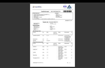 Grass-Fed Whey Protein analysis report showing nutritional values and details, including sample code and testing information.