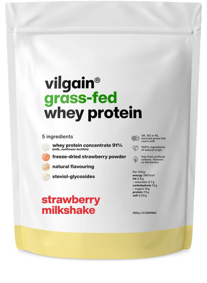 Vilgain Grass-Fed Whey Protein packaging with strawberry milkshake flavor, highlighting key ingredients and nutritional information.