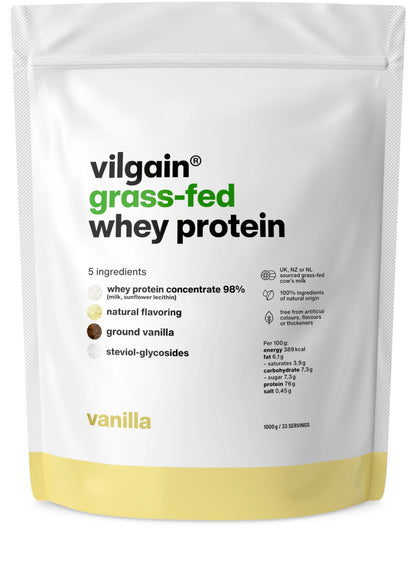Vilgain Grass-Fed Whey Protein 1000g package with vanilla flavor and 5 ingredients listed.