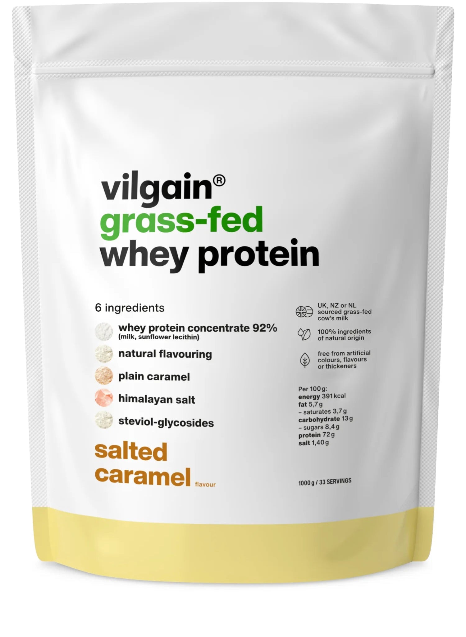 Grass-Fed Whey Protein 1000 g package showcasing salted caramel flavor with natural ingredients.