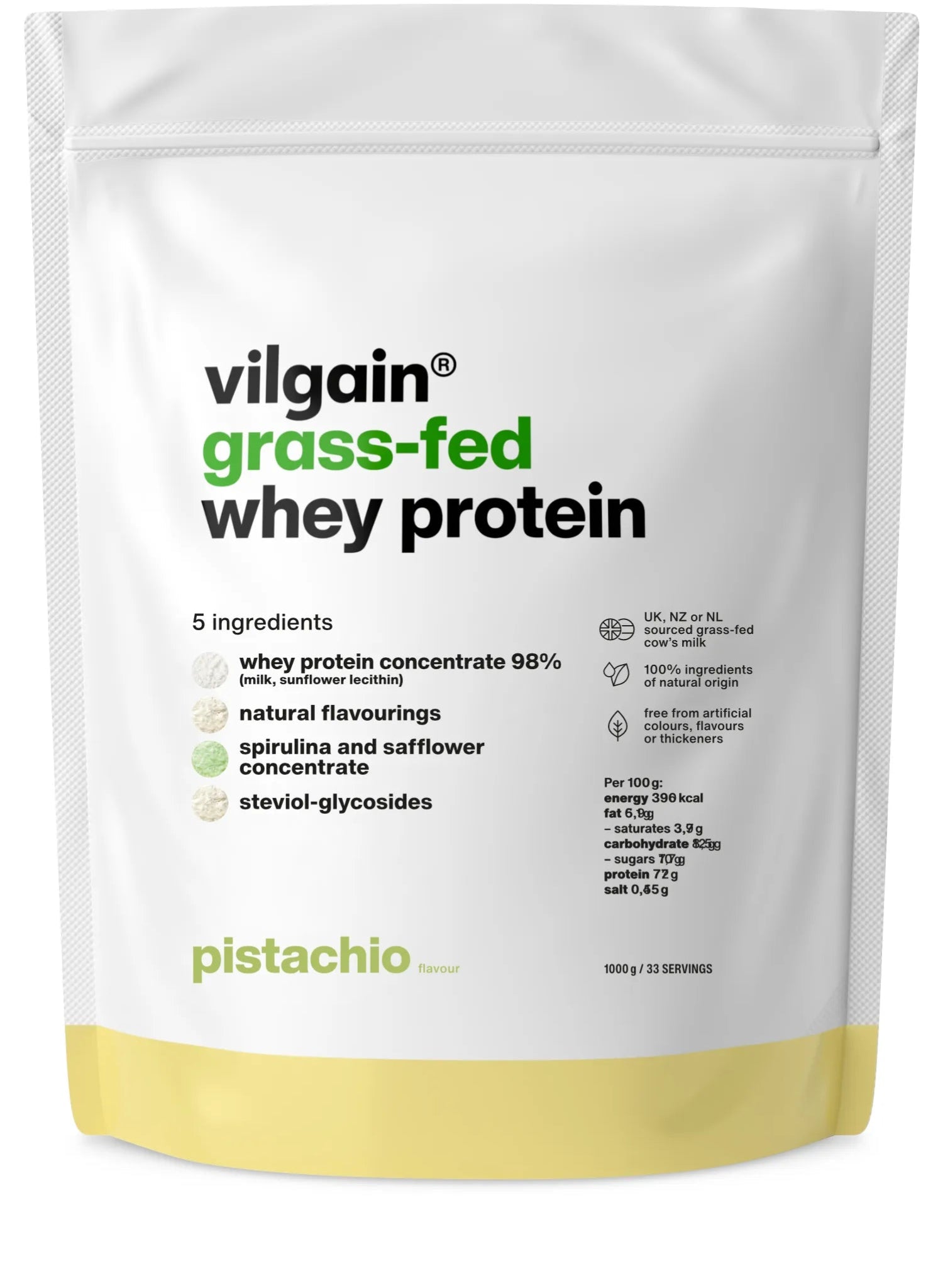 Vilgain grass-fed whey protein packaging 1000 g with pistachio flavor and clear ingredients list.