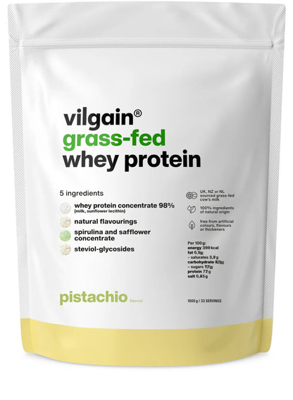Vilgain grass-fed whey protein packaging 1000 g with pistachio flavor and clear ingredients list.