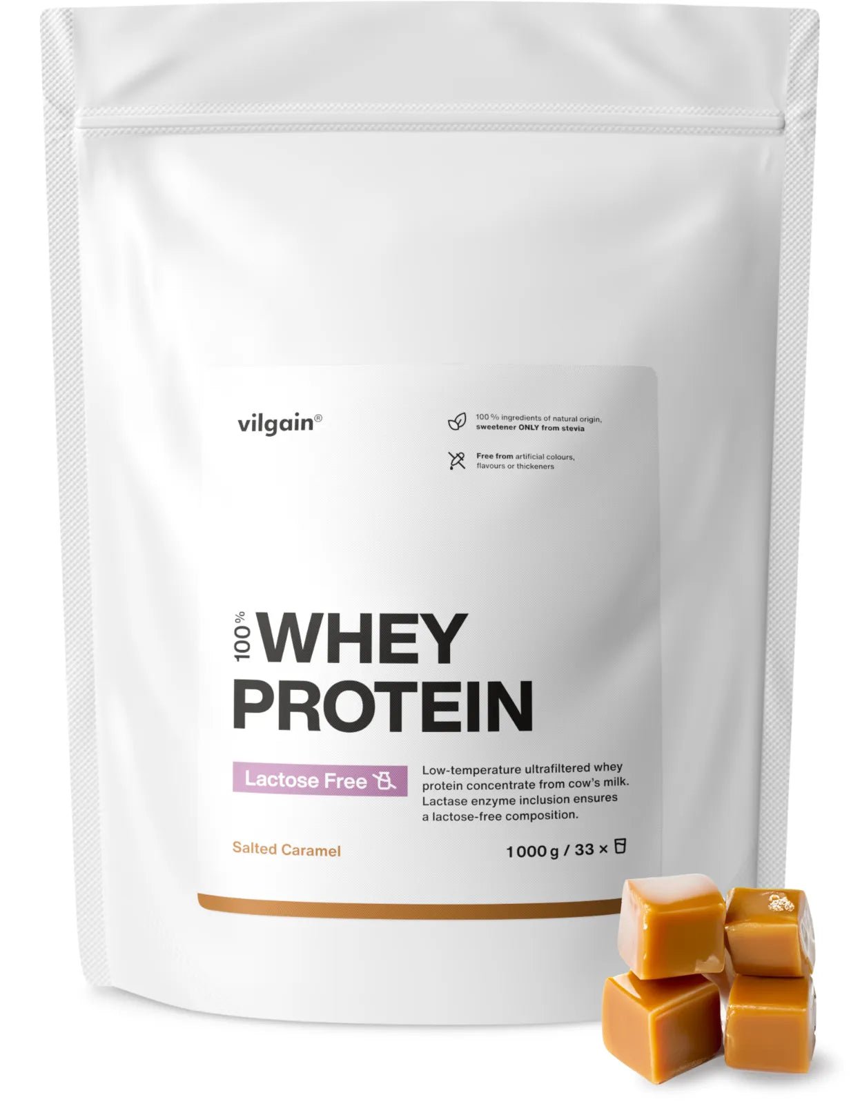 Lactose-Free Whey Protein – 1000 g package with salt caramel flavor and protein cubes.