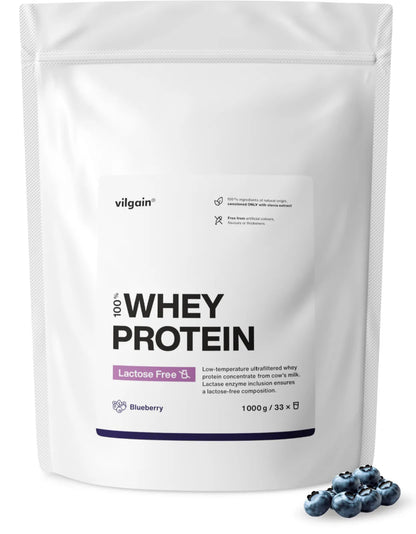 Lactose-Free Whey Protein 1000 g package with blueberry flavor and nutrition information.