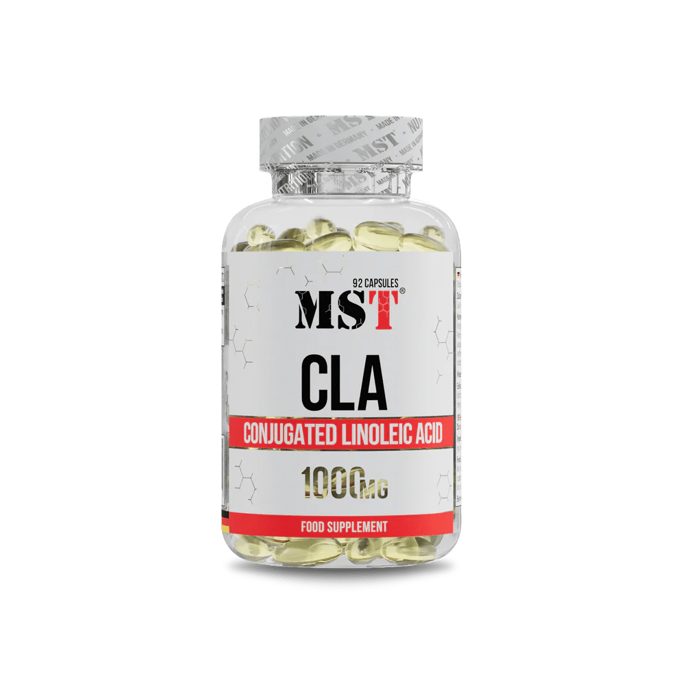 MST CLA 1000 mg food supplement bottle with capsules for conjugated linoleic acid.