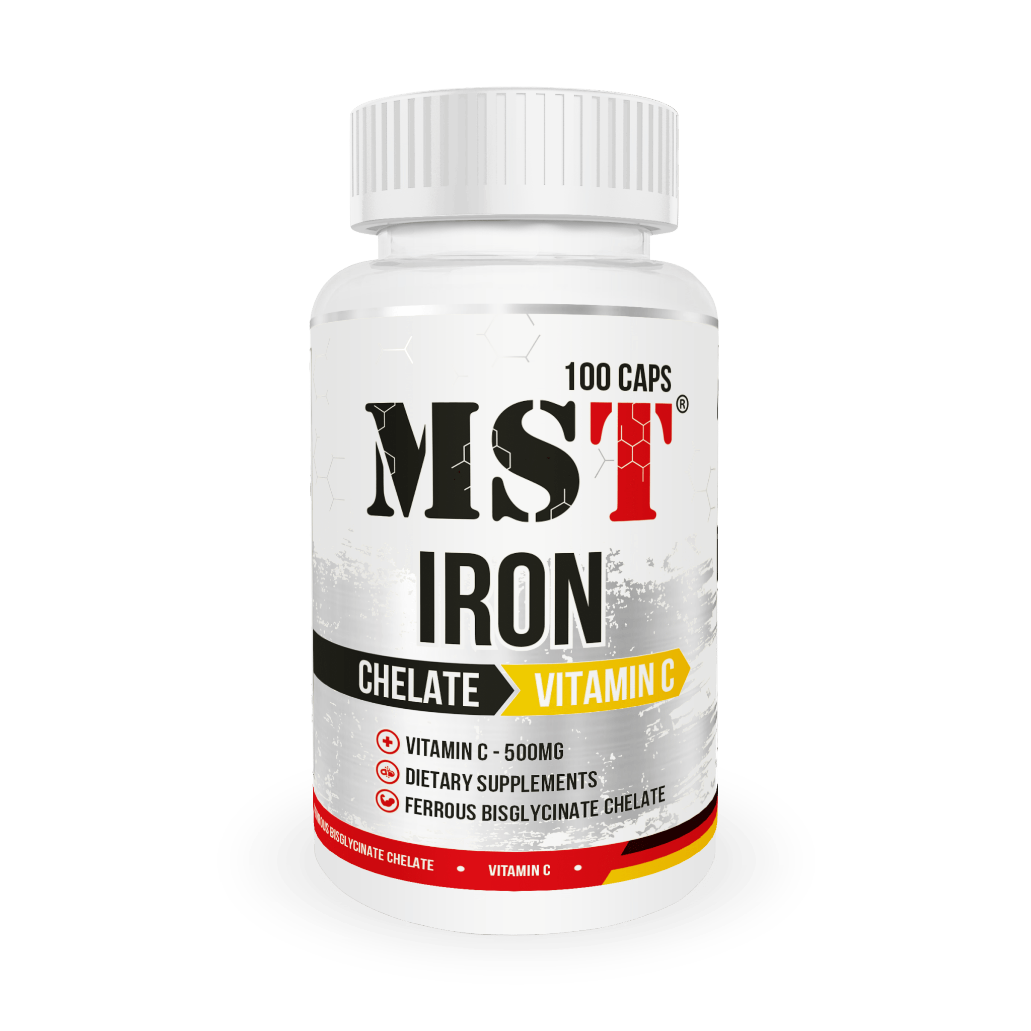 MST Iron Chelate Bisglycinate + Vitamin C dietary supplement bottle with 100 capsules