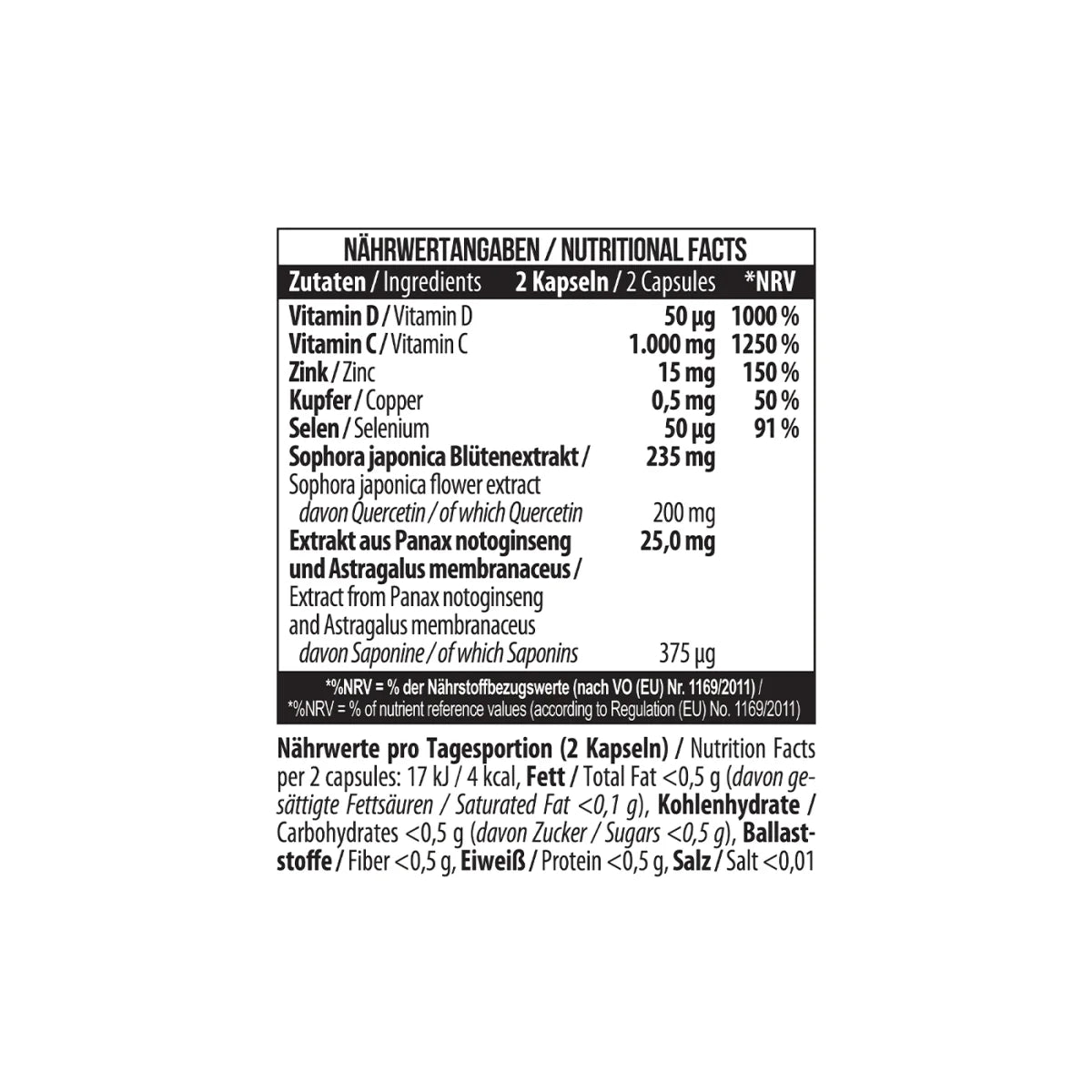 MST Immune Complex nutritional facts label showing ingredients and their amounts for immune support.