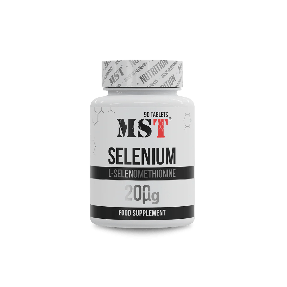 MST Selenium 200 mcg food supplement tablet bottle with L-Selenomethionine for immunity and health.