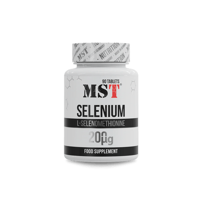 MST Selenium 200 mcg food supplement tablet bottle with L-Selenomethionine for immunity and health.