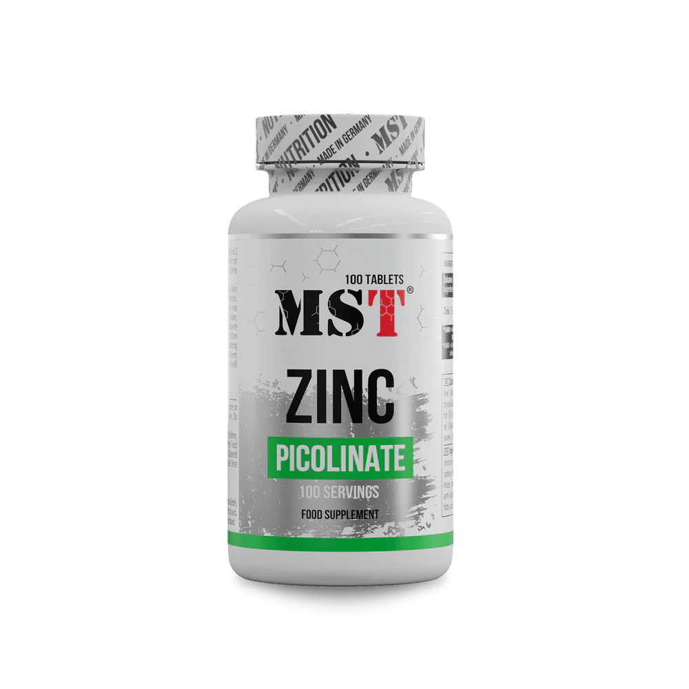 MST Zinc Picolinate supplement bottle with 100 tablets, designed for immunity, skin, and energy.