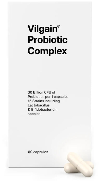 Vilgain Probiotic Complex 30 mlrd. CFU, dietary supplement in capsule form with 15 strains and prebiotics.