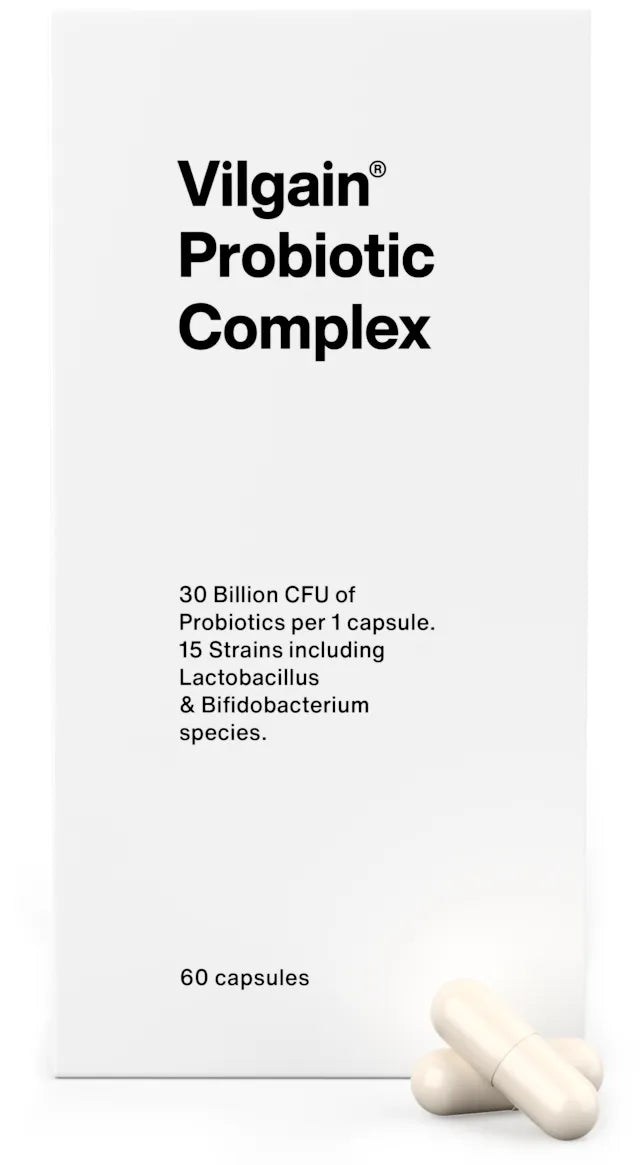 Vilgain Probiotic Complex 30 mlrd. CFU, dietary supplement in capsule form with 15 strains and prebiotics.